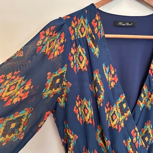 Lulu's Honey Punch That's a Wrap Dress Womens Small Blue Gold Print Tulip Skirt - Picture 9 of 11